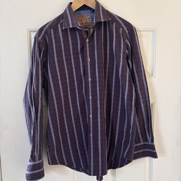 Robert Graham Men Dress Shirt Sized Med Purple Striped Flip Cuff Preppy Designer - Picture 2 of 16